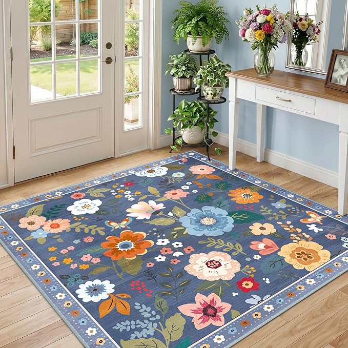 RELEANY Floral Washable Square 5ft Area Rug Blue/Grey | Flower Carpet, Print, Boho, Non-Slip, Easy to Clean, Soft, Low Pile for Living Room Bedroom Kitchen Office Entryway Hallway