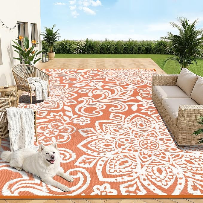 Findosom Waterproof Outdoor Rug 8' x 10' - Reversible Mandala Outdoor Plastic Straw Rug, Durable Foldable Patio Rug for RV, Deck, Balcony, Backyard, Picnic, Porch, Camping, Beach, Orange