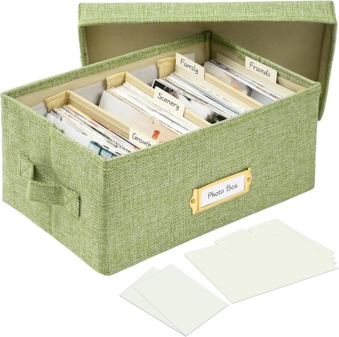 Linen Photo Storage Box with Adjustable Hook and Loop Dividers, Holds 850 4"x6" Photos, Collapsible Picture Organizer with Handle and Label Stickers, Memory Keepsake Box for Women, Grass Green