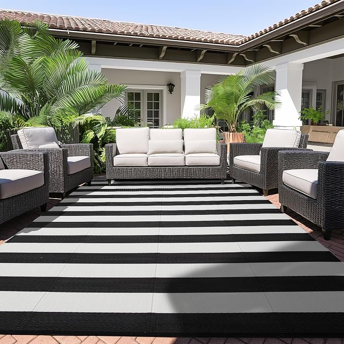 Outdoor Rug 9 x 12 ft, Reversible Plastic Straw Rug for Patio, Waterproof Large Outdoor Carpet for RV, Patio, Camping, Backyard, Deck, Picnic, Beach, Black & White