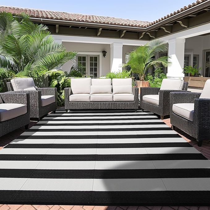 Outdoor Rug 6 x 9 ft, Reversible Plastic Straw Rug for Patio, Waterproof Large Outdoor Carpet for RV, Patio, Camping, Backyard, Deck, Picnic, Beach, Black & White