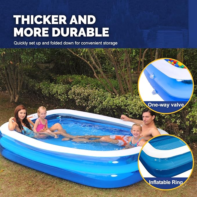 Inflatable Swimming Pool Outdoor Lawn Ground Rectangular Swimming Pool for Kids or Adults (Max 103x69x20±3 Inch)