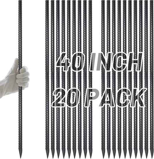 AAGUT Rebar Stakes 40 Inch 20 Pcs, Heavy Duty 1/2" Landscpe Timber Spikes Concrete Forming Stakes Straight Metal Garden Plant Stakes Anti Rust Black Coating