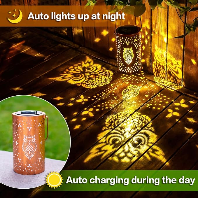 Owl Solar Lanterns Outdoor Waterproof Hanging Solar Lights Owl Gifts for Women Men Metal Decorative LED Owl Lanterns for Garden Decor,Yard,Patio,Lawn,Tabletop,Pathway,Landscape
