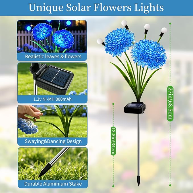 Solar Firefly Lights Outdoor Waterproof, 8 Pack Blue Solar Flowers Swaying Lights With Flowers, Flower Light Garden Decor for Outside Yard Patio Halloween Christmas, Gifts for Women Grandma