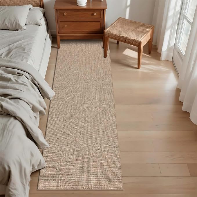 Outdoor Easy Jute Runner Rug: 2x6 Modern Natural Area Rugs for Front Patio Hallway Linen-Look Fabric Durable - Neutral Washable Mat for Entryway Kitchen Bedroom - Swirl Curved Pattern