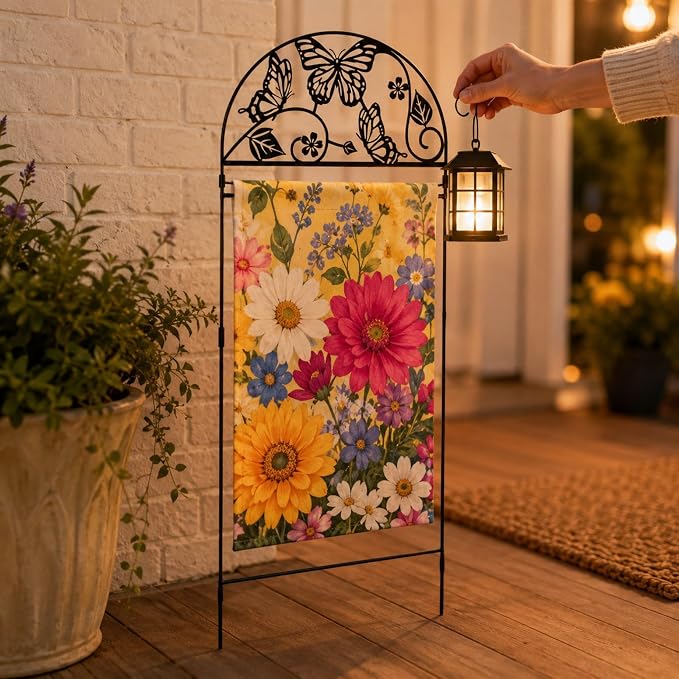 AceList Garden Flag Stand Holder for Outside, Butterfly Decorative Metal Yard Flag Pole with 2 Anti-Wind Clips, Heavy Duty Rustproof Holder for 12x18 Seasonal Garden Flags, Spring Yard Outdoor Decor