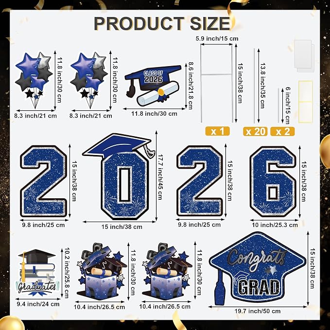 Large 11 PCS Graduation Yard Signs, Class of 2026 Congrats Grad Outdoor Lawn Yard Sign with Stakes, Graduate Yard Decorations for College High School Party, Black and Blue