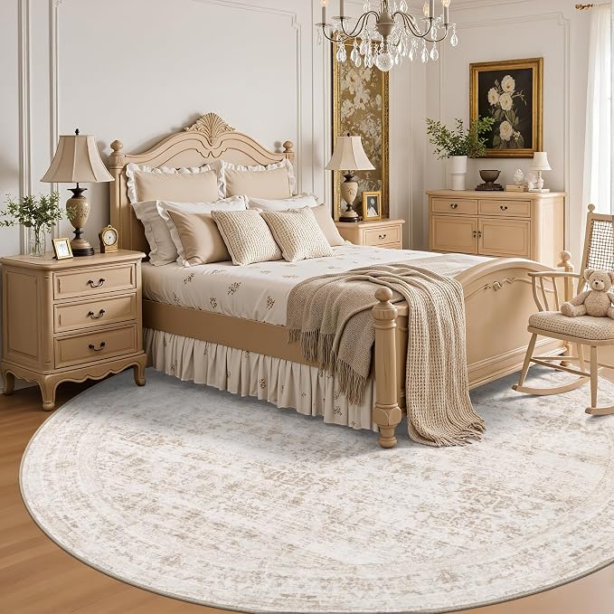 Round Area Rug for Living Room: 6ft Boho Washable Rug Beige Brown | Vintage Boho Soft Round Rug Indoor Floor No Slip Carpet Stain Resistant Rugs for Bedroom Dining Room Nursery Home Office