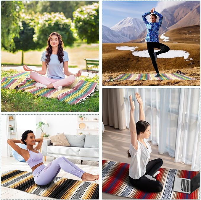 Preboun 4 Pcs Large Mexican Yoga Blanket Pack 45 x 70 Inch Thick Woven Camping Picnic Beach Car Travel Throw Blanket Outdoor Patio Mat Towel