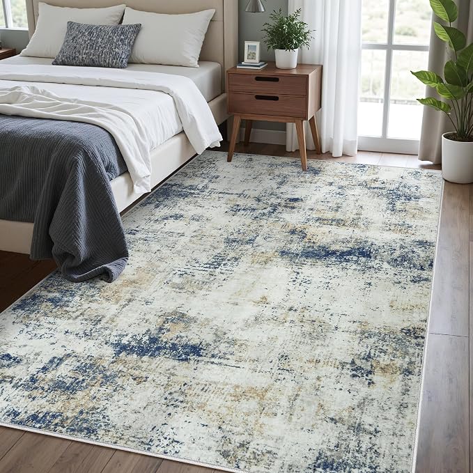 Tosuoka 6x9 Area Rugs for Living Room Abstract Washable Blue Brown Rug | With Anti-Slip Backing，Non-Shedding，Stain-Resistant，Soft Modern Large Carpet for Bedroom Dining Room Farmhouse Nursery