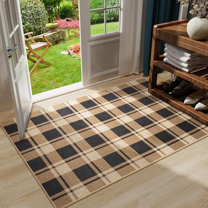 3x5 Plaid Jute Rug, Washable Non-Slip Checkered Rugs, Black/Brown | Washable Jute Area Rug With Non-Slip Backing, Low-Pile Texture, Farmhouse Geometric Pattern In Neutral Brown/Black, Durable