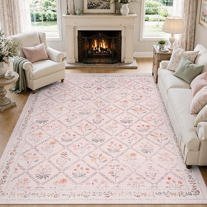 DCX Washable 8x10 Pink Floral Rug for Girls Bedroom | Soft Cottagecore Rug for Baby Girl Nursery, Non Slip Low Pile, Kid & Pet Friendly Vintage Botanical Carpet