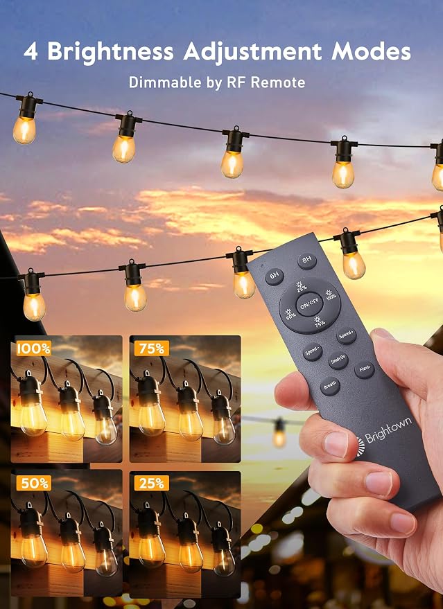 Minetom Solar Outdoor String Lights - 48Ft Patio Lights with 15+1 LED Shatterproof Bulbs, 3 Light Modes, Remote Control, Timing, Outside Weatherproof Hanging Lights for Backyard Party Decor