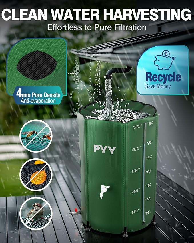 PYY Rain Water Collection Barrel - 100 Gallon Green Water Storage Tank with Spigots, Hose and Portable Bucket, Large Plastic Collapsible Rain Catcher Catchment System to Collect Rainwater from Gutter