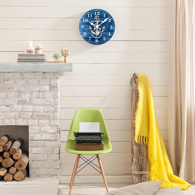 Wall Clock, Nautical Anchor on Blue Wood Silent Non Ticking Battery Operated Round Decorative Indoor Outdoor Clocks for Living Room Kitchen Bedroom Bathroom Patio 12"