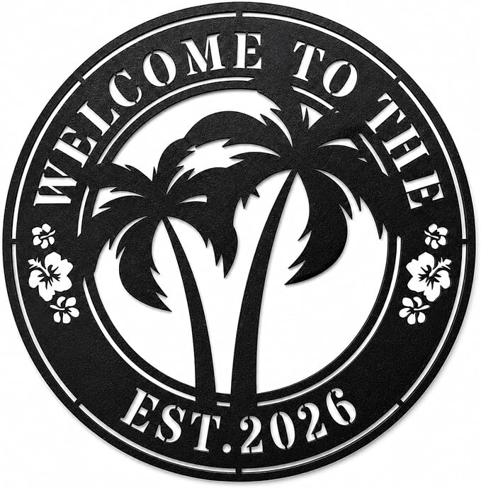 Personalized Metal Palm Tree Pool Sign, Custom Family Name Patio Sign, Outdoor Poolside Paradise Decor, Last Name Metal Welcome Sign for Backyard Pool Area