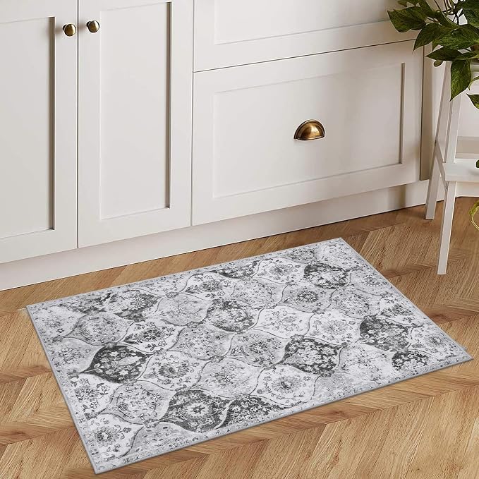 Lahome Moroccan 2x3 Rugs for Entryway, Soft Kitchen Rugs Non Slip Washable | Trellis Non-Slip Indoor Door Mat Ultra-Thin Small Throw Carpet for Bathroom Bedroom Entry Elise, Silver/Grey