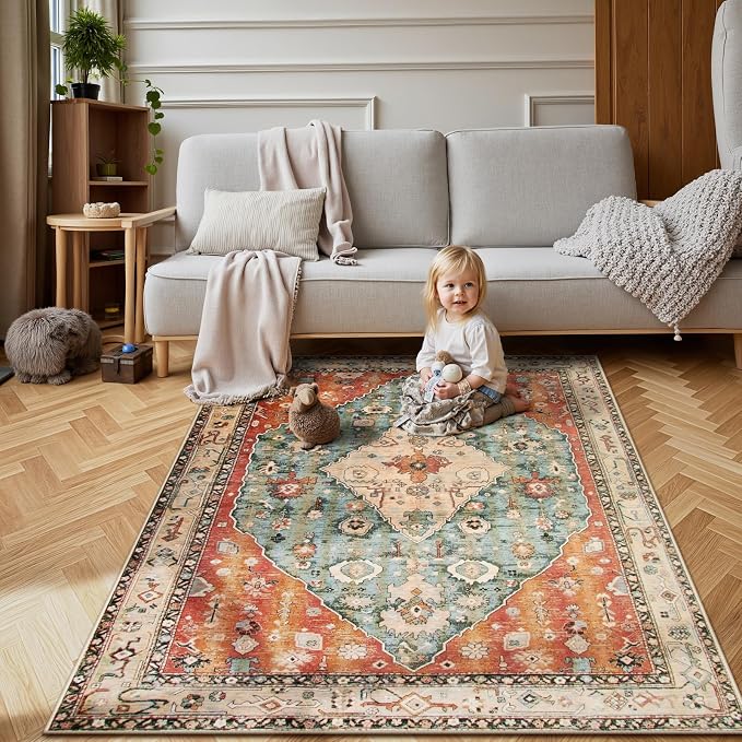 Lahome Felice Boho Tribal 4x6 Washable Rugs for Bedroom, Soft Non-Slip Area Rugs for Living Room, Vintage Oriental Indoor Accent Kitchen Carpet for Dining Room Nursery Camper (Rust/Dull Teal,4x6ft)