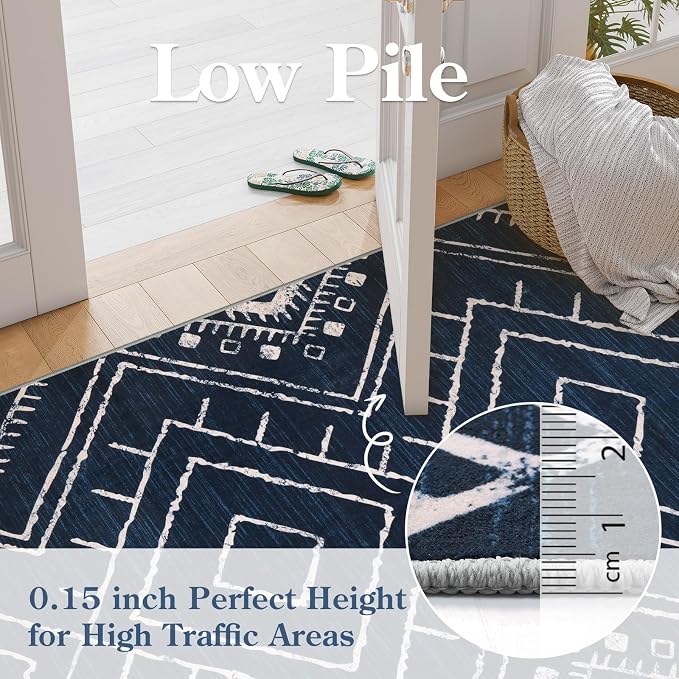 LIVEBOX Western 5x7 Area Rug, Navy Washable Rugs for Living Room Bedroom, Non Slip Moroccan Tribal Rug Low Pile Soft Geometric Boho Large Area Rugs Diamond Carpet for Dining Room Home Office Decor