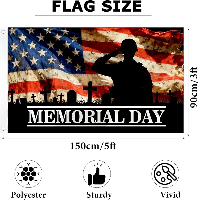 Memorial Day Flag 3x5 Ft Outdoor Double Sided Mirror Printed 4th of July Patriotic Flag Veterans Day Banner for Indoor Outdoor House Yard with 2 Grommets