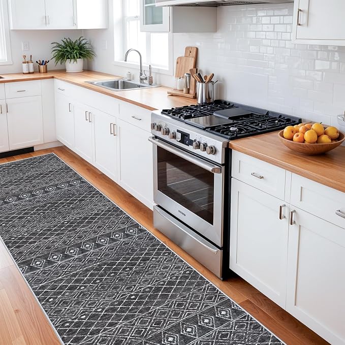 3x16 Black Moroccan Washable Rug:Modern Boho Long Hallway Runner Rug | Soft Low Pile Thin Indoor Mat, Easy Clean Non Slip Backing, Stain Resistant Design for Kitchen, Bedroom & Entryway