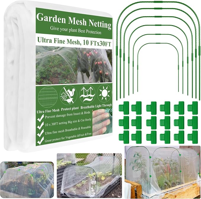 Garden Netting Kit for Raised Beds, 10x30FT Ultra Fine Mesh Netting＆ 6 Sets Garden Hoops, Garden Bed Row Cover Insect Netting Garden Hoop for Raised Bed Vegetable Plant Flowers Fruit Protection Net