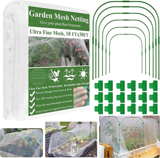 Garden Netting Kit for Raised Beds, 10x30FT Ultra Fine Mesh Netting＆ 6 Sets Garden Hoops, Garden Bed Row Cover Insect Netting Garden Hoop for Raised Bed Vegetable Plant Flowers Fruit Protection Net