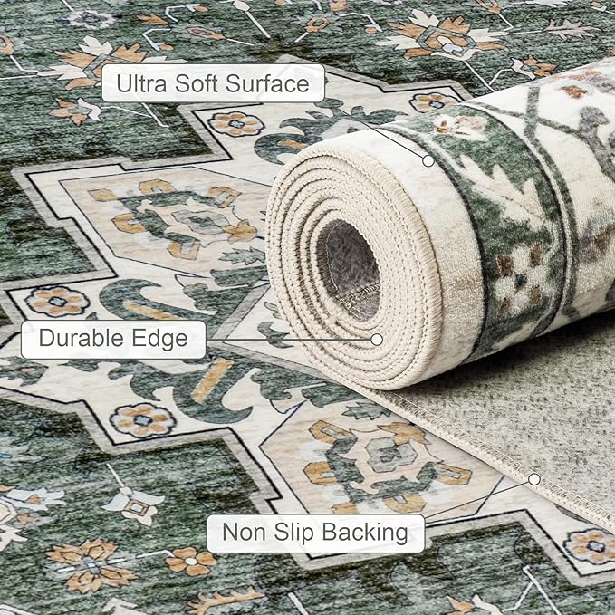 Hallway Runner Rug: 2.6x8 Kitchen Rugs for Living Room Green Ivory | Runner Rug Hallway Washable Rug No Slip Soft Bedroom Rug Indoor Floor Stain Resistant Carpets for Entryway, Laundry, Bathroom