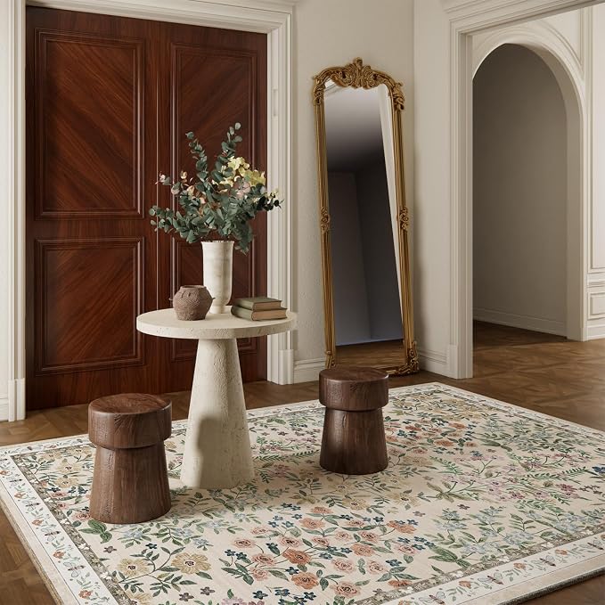 Machine Washable Rugs for Living Room: 5x7 Area Rugs for Bedroom Vintage Stain Resistant Non Slip Low Pile Soft Carpet Rug for Kitchen Dining Room Farmhouse Kids Room Nursery