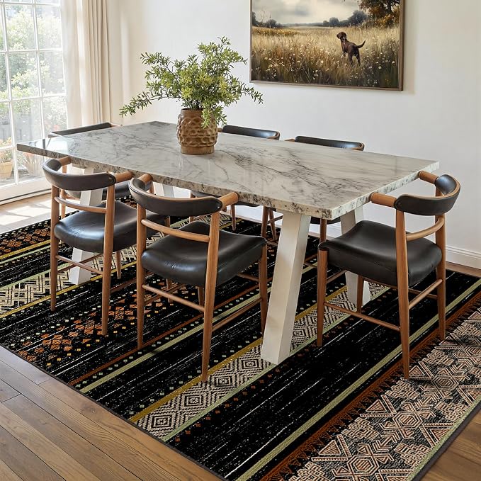 9x12 Washable Area Rugs for Living Room Boho Bedroom Rug Colorful/Black | Vacuum Friendly, Machine Washable, Non-Slip Rug, Stain Resistant, Moroccan Geometric, Low Pile Carpet, Dining Room Kitchen