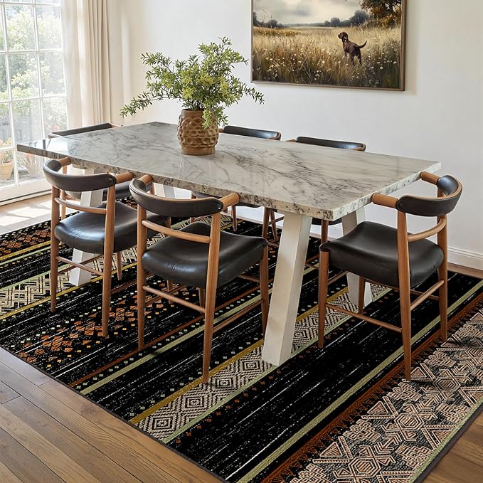 6x9 Washable Area Rugs for Living Room Boho Bedroom Rug Colorful/Black | Vacuum Friendly, Machine Washable, Non-Slip Rug, Stain Resistant, Moroccan Geometric, Low Pile Carpet, Dining Room Kitchen