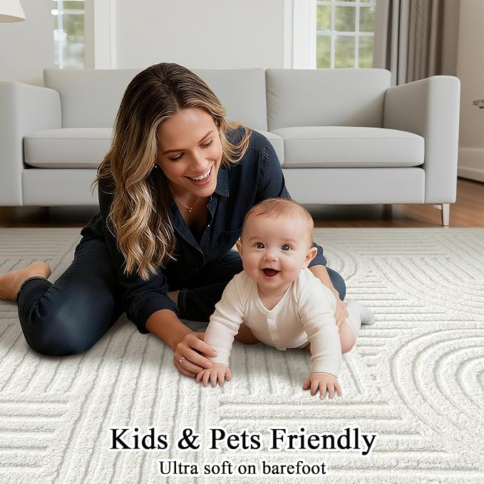 SHACOS Soft Cozy Fluffy Arch Pattern High Low Pile Area Rugs 3'x5' Non Slip Washable Scandinavian Minimalist Rug Modern Geometric Arc Carpet for Living Room Bedroom Dining Room, Cream White