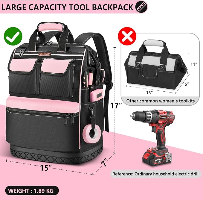 LOKASS Pink Tool Bag for Women, Wide-open Tool Backpack with Double-opening Metal Zipper, Waterproof Tool Storage Tote Bag for Female Workers-Large