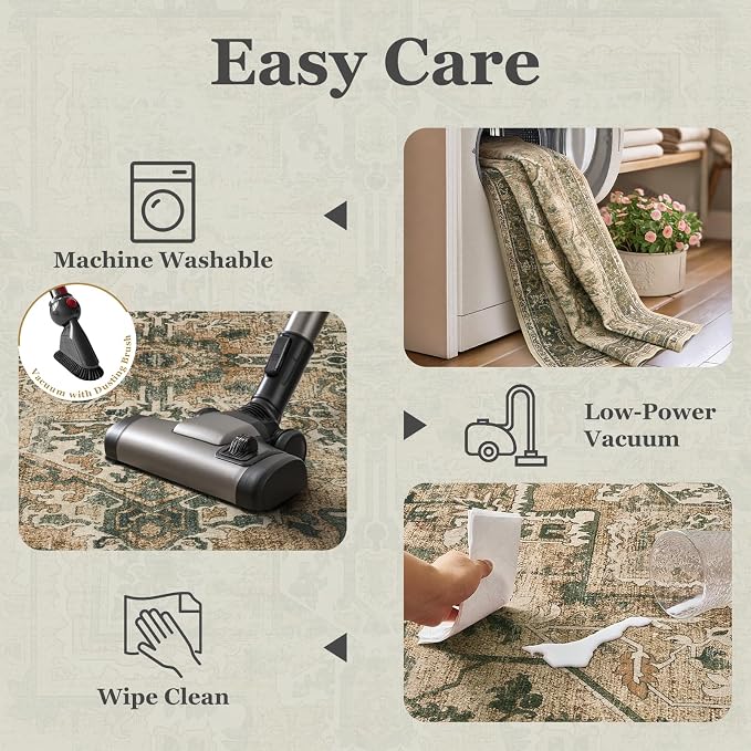 Large Vintage Area Rugs 9x12 for Living Room, Distressed Medallion Printed Big Carpet Rugs for Bedroom, Washable Non Slip Low Pile Thin Rugs for Dining Room, Multi Brown/Olive Green