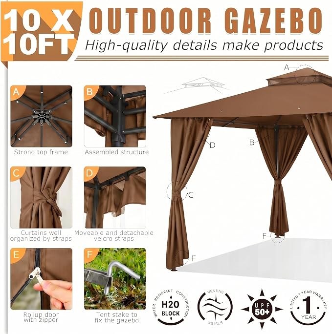 COBIZI 10x10 Gazebo with Double Roof & Mosquito Netting Outdoor Heavy-Duty Party Tent, Patio Tent with Zipper Screens - Backyard Garden Lawn Shelter Includes Wind Ropes Expansion Bolts, Brown