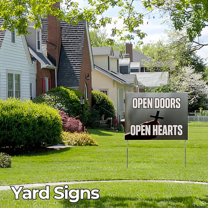 Open Doors - Open Hearts! Yard Sign by DC | 24"x18" Double Sided Church Garden Sign with 13” Metal Stakes | Outdoor Signs Waterproof for Lawn, Patio, Sidewalk & House | Set of 3 | Made in USA