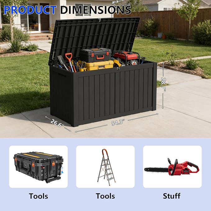 180 Gallon Outdoor Storage Box Resin Deck Box All Weather Waterproof Large Lockable Storage Container Deck Box for Patio Furniture, Garden Tools, Lockable, Black