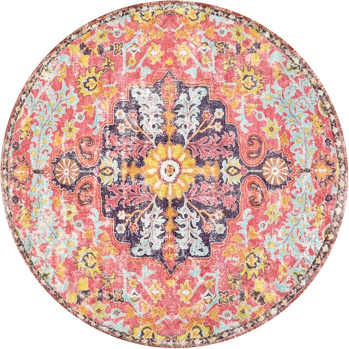 Lahome Bohemian Floral Medallion Round Rug - 3Ft Small Hot Pink Round Area Rug for Girls Bedroom Nursery Mat, Boho Washable Soft Indoor Throw Entryway Carpet for Living Room Office Coffee Table