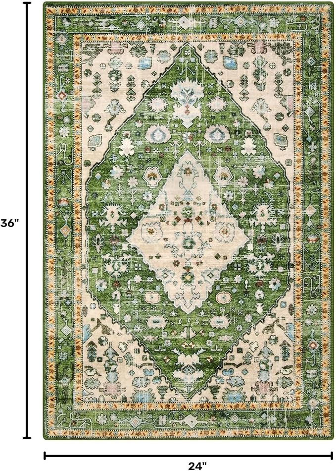 Lahome Felice Boho Tribal Area Rug, 2x3 Small Green Rug for Entryway, Soft Non Slip Washable Bathroom Mat Bohemian Low Pile Indoor Floor Door Carpet for Entryway Chair Bedroom Living Room, Green
