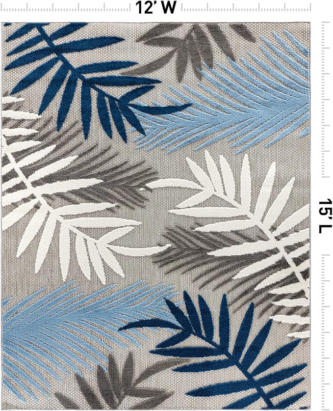 Rugshop Indoor/Outdoor Palm Leaf Area Rug, Non-Shedding Easy-Care Design for Backyard, Deck and Outdoor Lounge, Blue, 12' X 15'