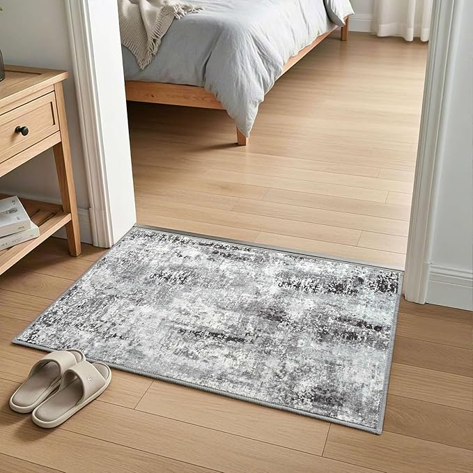 Dark Grey Washable Small Area Rug, 2x3 Abstract Non-Slip Door Mat, Modern Low Pile Indoor Entryway Rugs, Stain Resistant Throw Carpet for Front Door, Kitchen, Entry, Inside Entrance