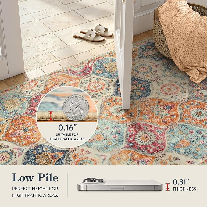 Lahome Round Moroccan Washable Rug, Soft Vintage Small Round Rug 3ft Non-Slip, Ultra-Thin Distress Circle Carpet for Bedroom Entryway Kitchen Bathroom Elise, Burnt Orange