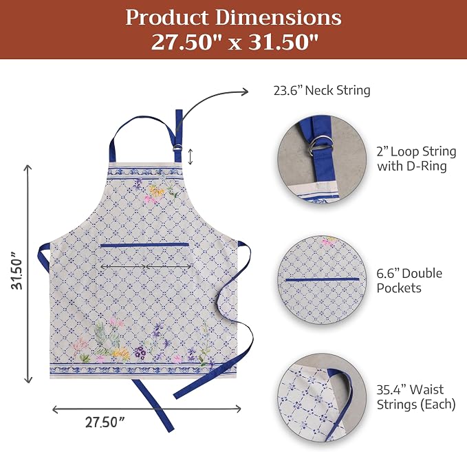 Maison d' Hermine Aprons for women with Pocket 100% Cotton (27.50"x31.50") | Adjustable Neck Strap & long ties Apron Men Chef Wedding Cooking Gardening Server Maid