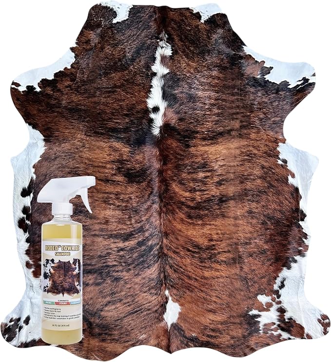 rodeo Genuine Cowhide Rug + Cowhide Cleaner- Real Cow Hide Rug Large for Living Room & Bedroom - Western Rugs for a Natural Western Home Decor - Rustic Cow Print Carpet Decor - 6x7 ft, Brown Brindle