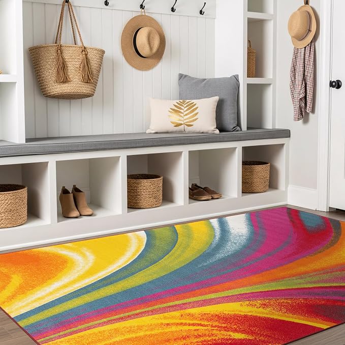 Rugshop Waves Non-Slip Contemporary Abstract Large Area Rug Multi 6'6" x 9' | Rectangular, Size 6'6" x 9', Living Room, Bedroom, Dining Room, Home Office, Kitchen, Entryway, Hallway, Nursery, Kids Room