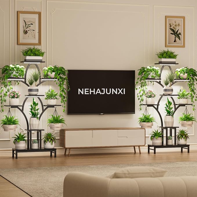 Plant Stand Indoor with 4 Grow Lights - 63" Tall Plant Shelf- 8 Tiered Corner Plant Flower Stands Display Shelves for Home, Patio (Black)