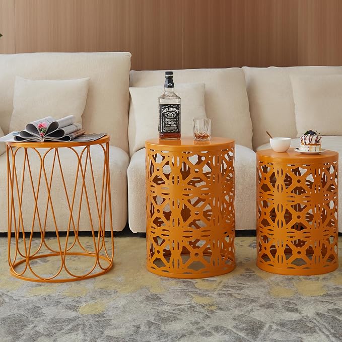 Y&M Outdoor Side Tables Set of 3, Round Metal Stacking Patio Side Tables, Indoor & Outdoor End Tables, Decorative Garden Stool Plant Stand for Patio, Garden, Balcony, Porch, Orange