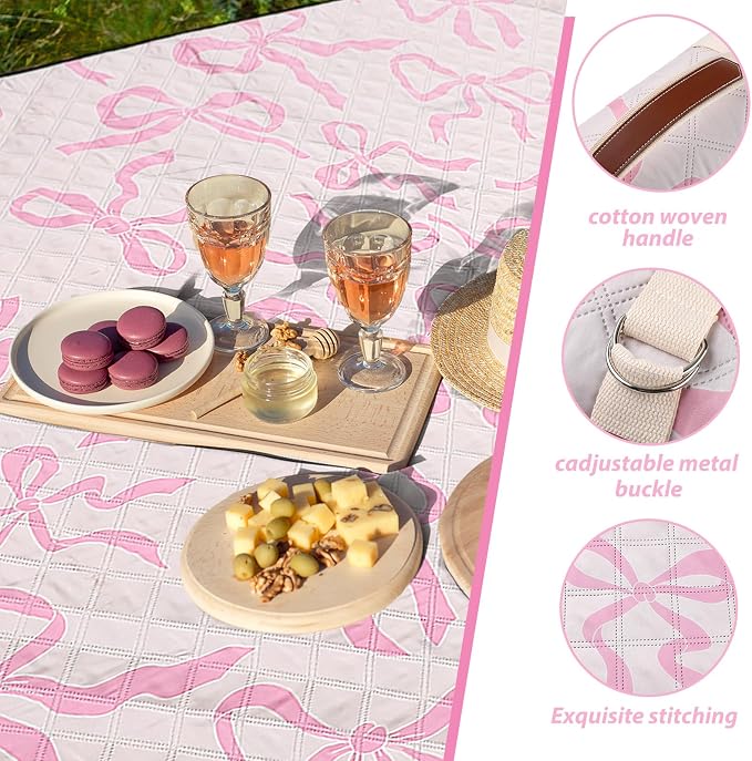 SmoothNovelty Pink Bow Picnic Blanket 80'' x 80'' Waterproof Extra Large Camping Blanket Coquette Picnic Mat Foldable Portable Preppy Outdoor Beach Mat with Carry Strap for Outdoor Grass Lawn Park