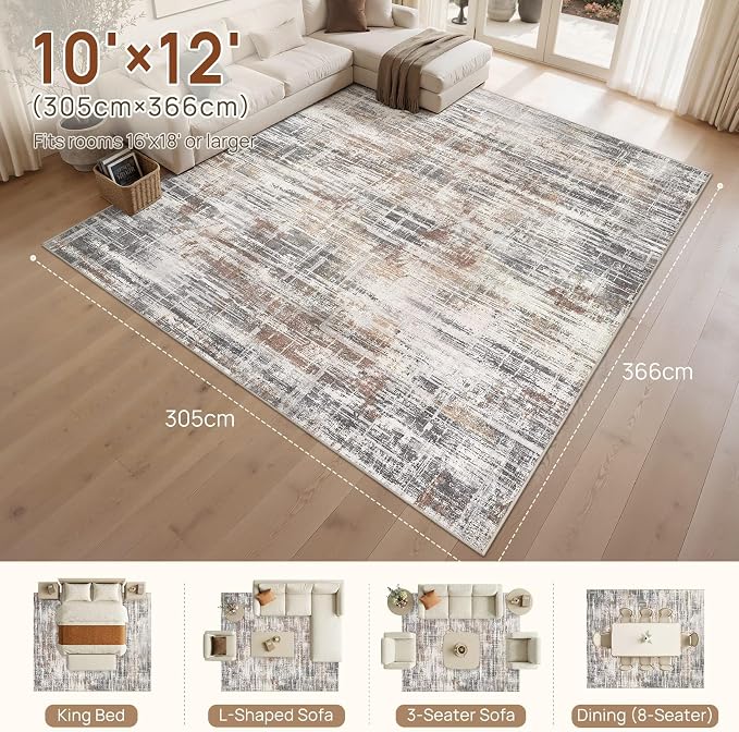 UERMEI 10x12 Area Rug for Living Room Washable Abstract Grey/Rust/Brown | Low Pile Non-Slip Soft Neutral Modern Carpet Kid Pet Friendly Large Rugs For Bedroom Dining Room Nursery Office Indoor Decor